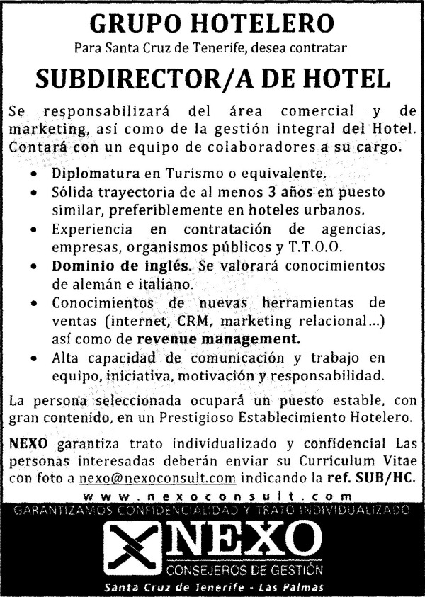 Oferta de empleo: Subdirector/a de Hotel para Santa de Tenerife - Ofertas de trabajo, becas, empleo y cursos en Canarias Enbuscade