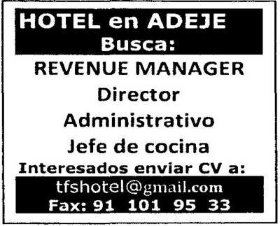 Oferta de Empleo para Hotel en Adeje