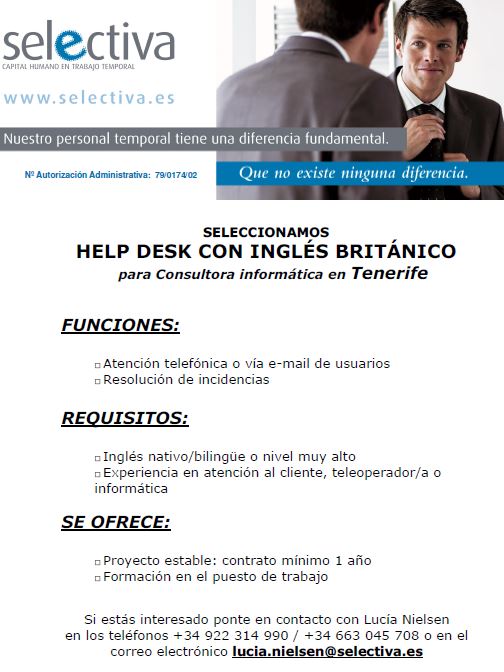 Help Desk con inglés británico para Tenerife