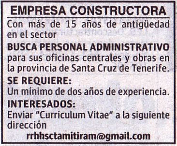 Oferta: Administrativo/a para empresa constructora