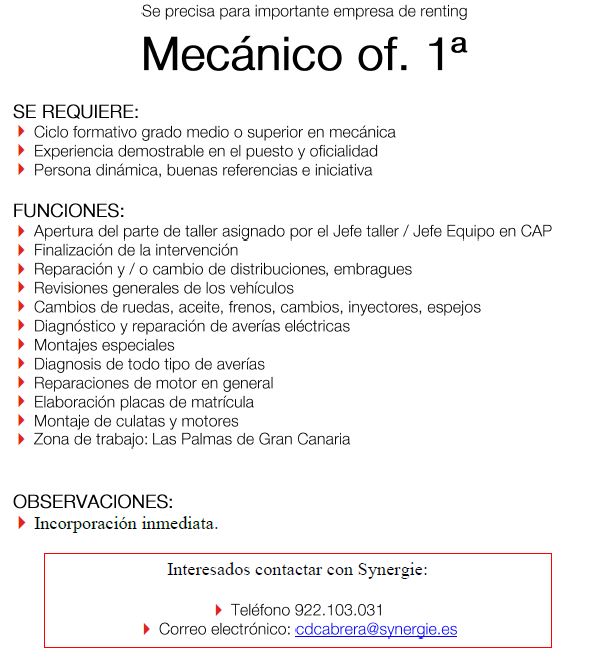 Mecánico Oficial de 1ª para Las Palmas de Gran Canaria - Ofertas de trabajo, empleo y en Canarias - Enbuscade