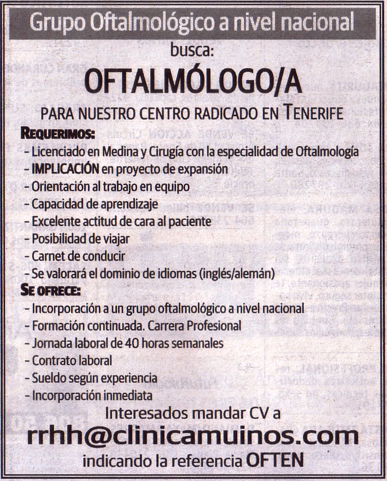 Oferta: Oftalmólogo/a para Tenerife