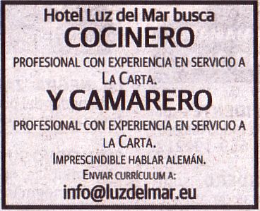 Oferta de empleo del Hotel Luz del Mar: Cocinero y Camarero