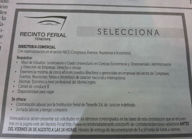 Director/a Comercial para el Recinto Ferial de Tenerife