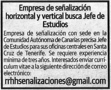 Oferta de Empleo: Jefe/a de Estudios para Empresa de señalización horizontal y vertical