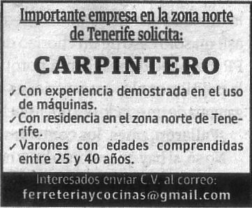 Oferta: Carpintero para el norte de Tenerife