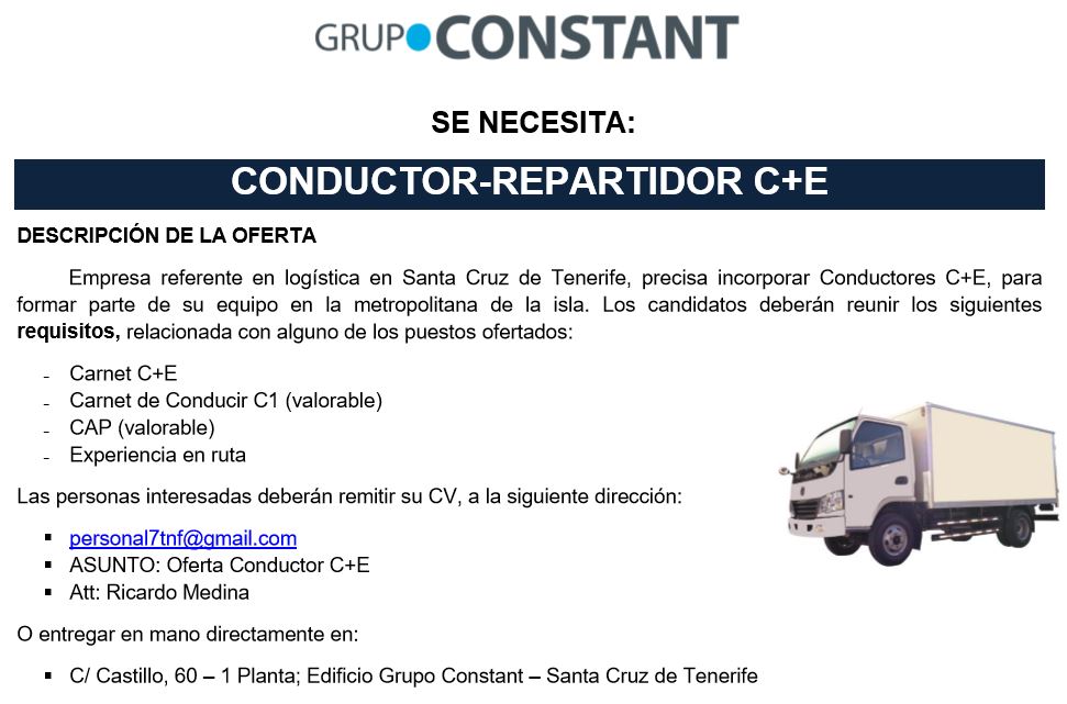 en Santa Cruz de Conductor/Repartidor C+E - Ofertas de trabajo, becas, empleo y cursos en Canarias