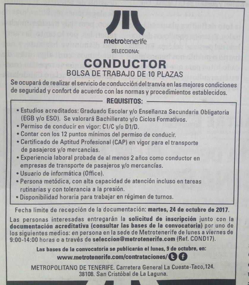 metrotenerife: Bolsa de trabajo para CONDUCTORES/AS