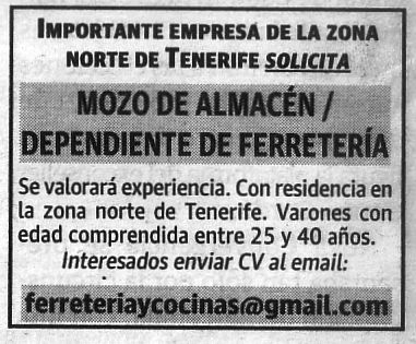 Oferta: Mozo y Dependiente de Ferretería