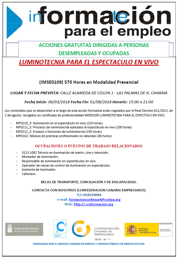 Curso gratis "LUMINOTECNIA PARA EL ESPECTACULO EN VIVO" en Las Palmas de Gran Canaria