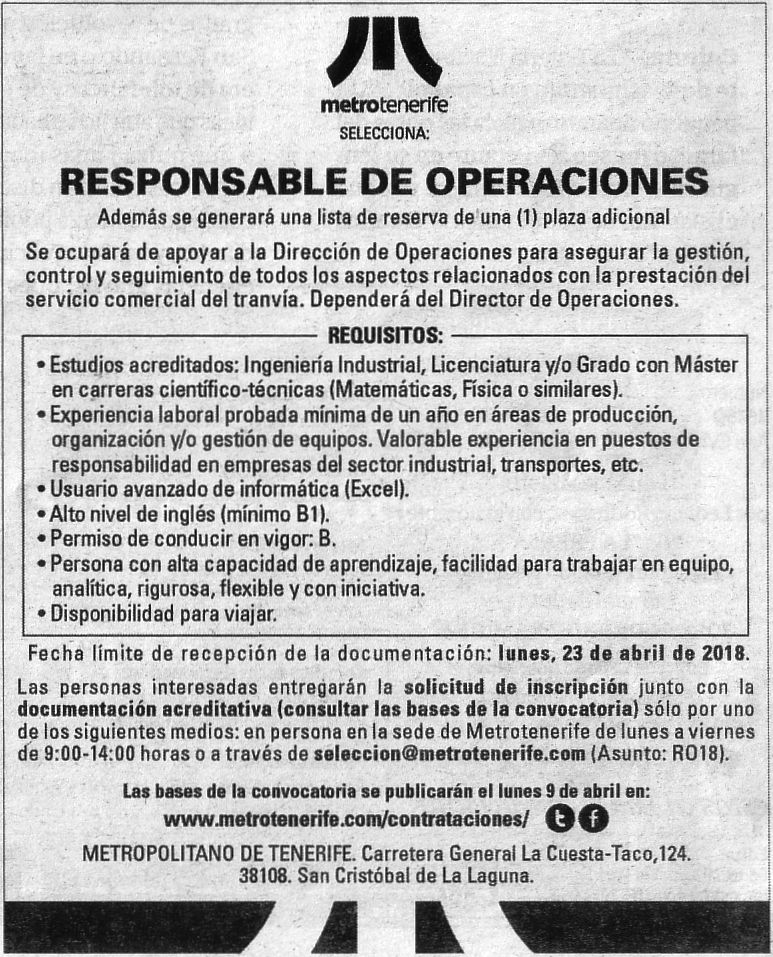 Oferta: Responsable de Operaciones para Metropolitano de Tenerife