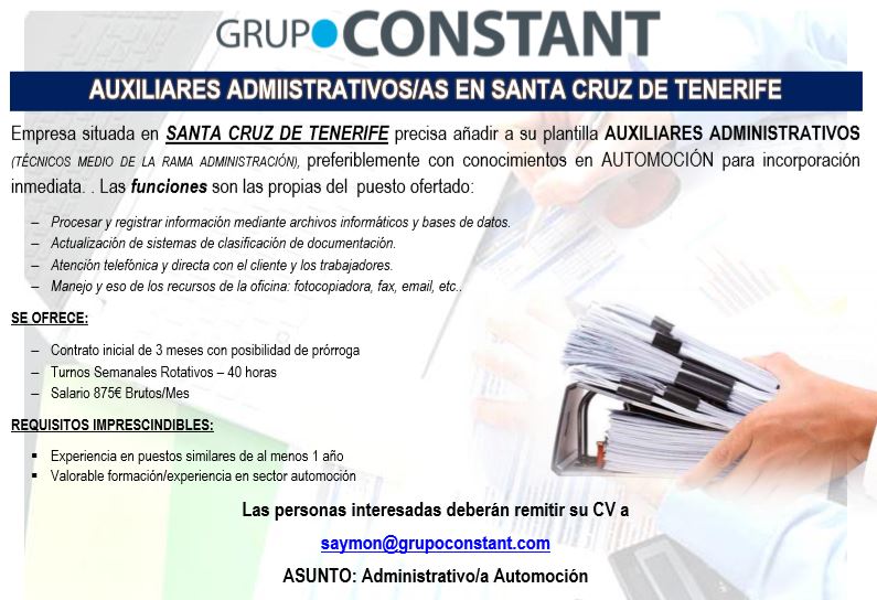 Auxiliares Administrativos/as para Santa Cruz de Tenerife