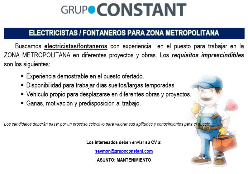 Electricistas y Fontaneros/as para la zona metropolitana de Tenerife