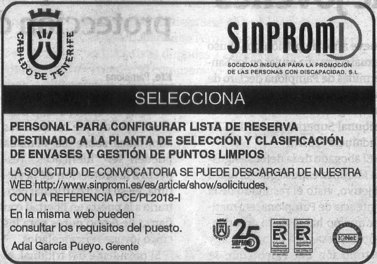 Sinpromi: Lista de reserva de Personal destinado a la Planta de Selección y Clasificación de Envases y Gestión de Puntos Limpios