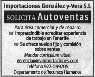Oferta de Empleo en Tenerife: Autoventas para área comercial y de reparto