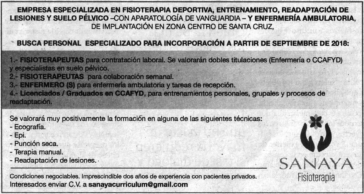 Oferta de Empleo: Fisioterapia, Enfermería, etc.