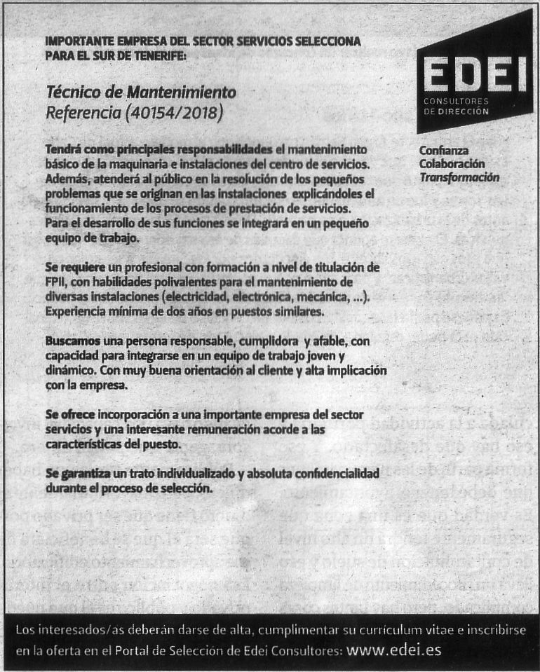 Oferta de empleo: Técnico/a de Mantenimiento para el sur de Tenerife