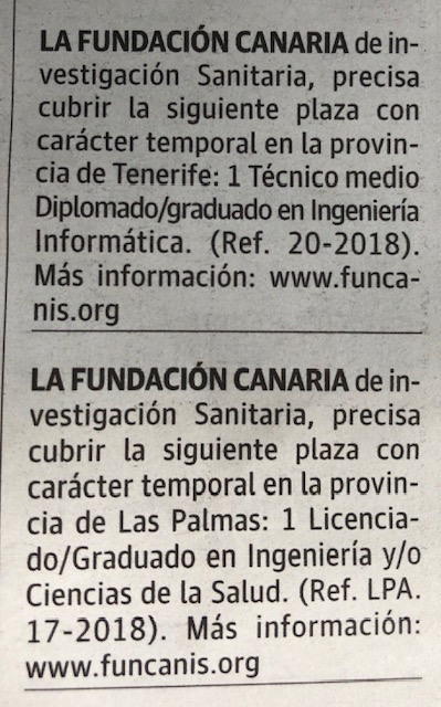 Ofertas de empleo en la Fundación Canaria de la Investigación Sanitaria